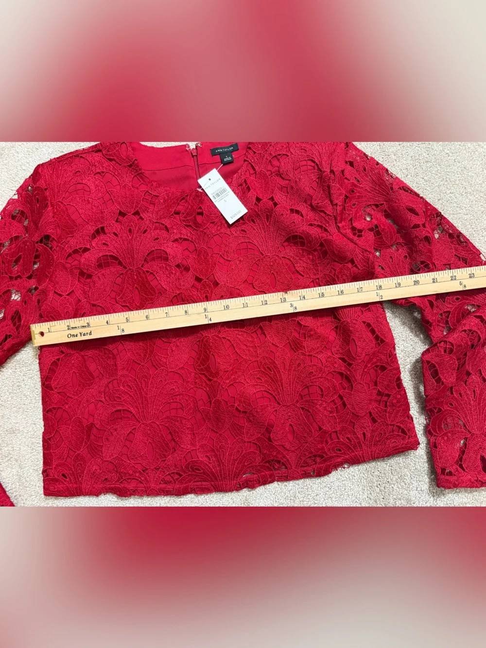ANN TAYLOR Floral Guipure Lace Blouse | Crimson Red | Long Sleeve | Small | NWT